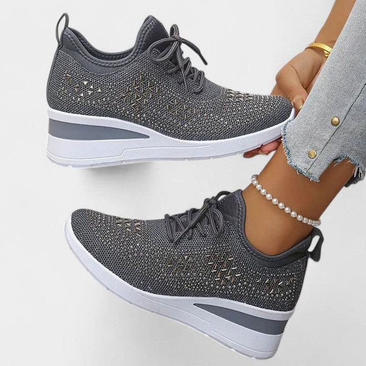 Damen Orthopädische Sneaker mit Keilabsatz Schnürung Strass - Grau