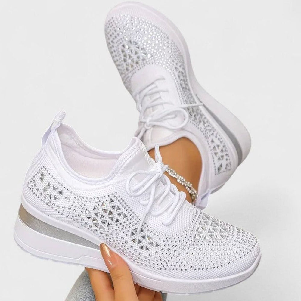 Damen Orthopädische Sneaker mit Keilabsatz Schnürung Strass - Weiß