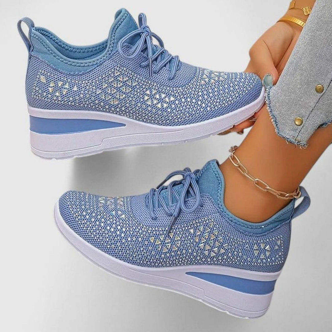 Damen Orthopädische Sneaker mit Keilabsatz Schnürung Strass - Blau