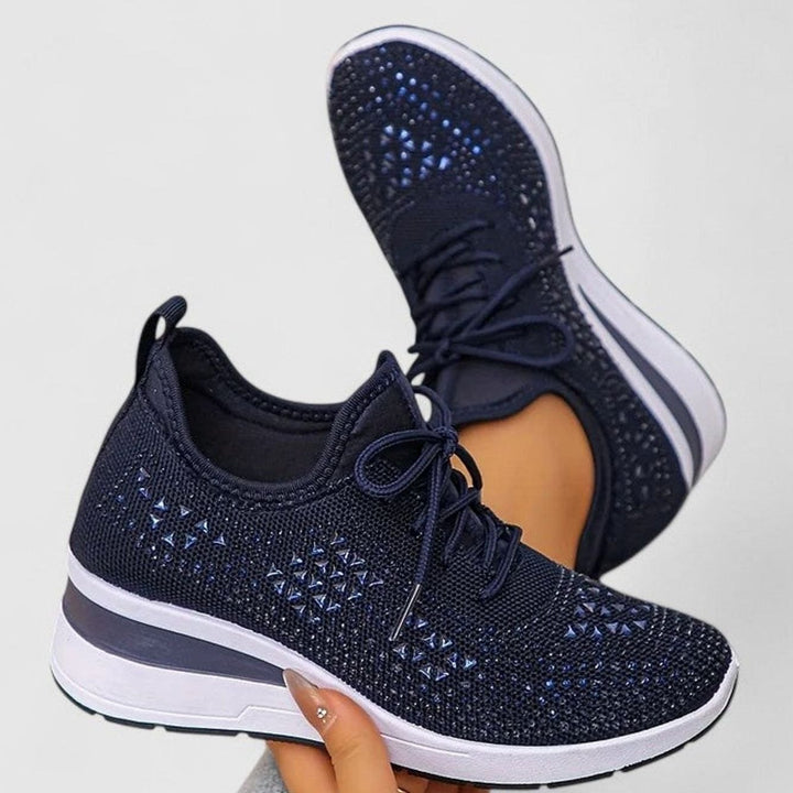 Damen Orthopädische Sneaker mit Keilabsatz Schnürung Strass - Dunkelblau
