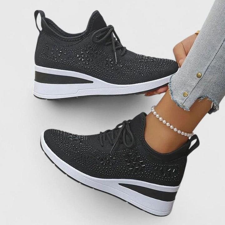 Damen Orthopädische Sneaker mit Keilabsatz Schnürung Strass - Schwarz