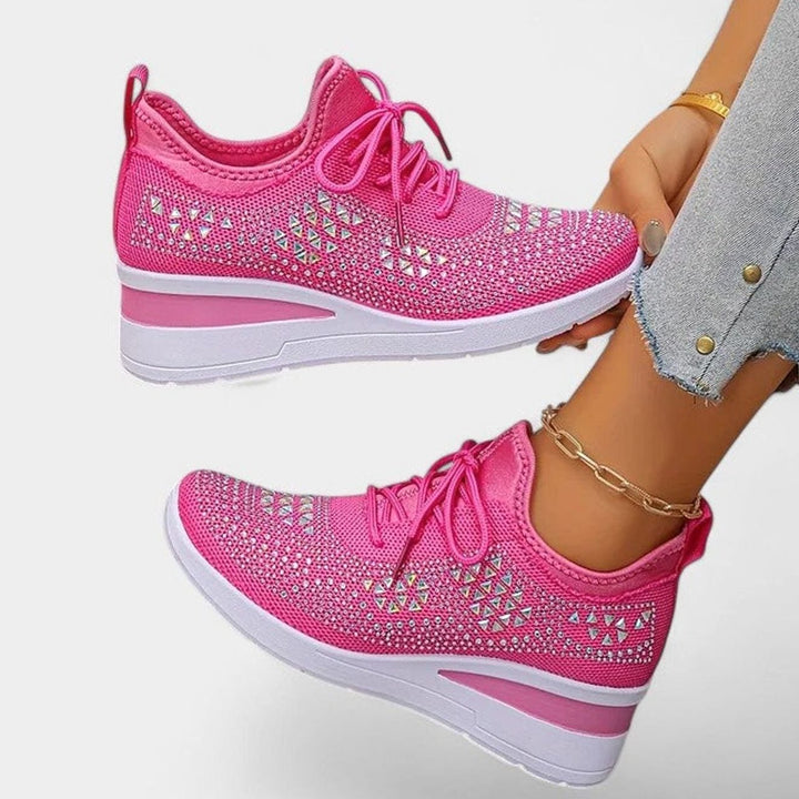 Damen Orthopädische Sneaker mit Keilabsatz Schnürung Strass - Rosé