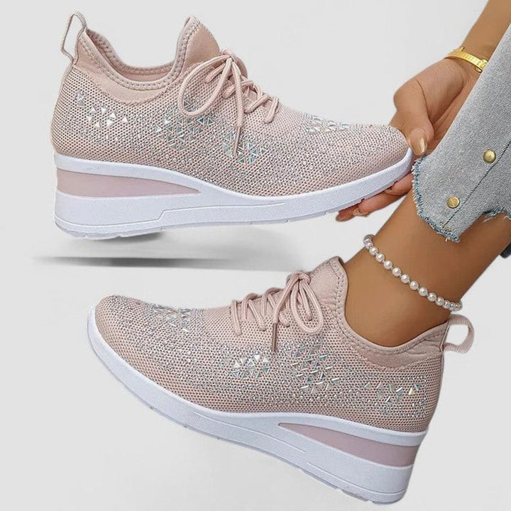 Damen Orthopädische Sneaker mit Keilabsatz Schnürung Strass - Rosa