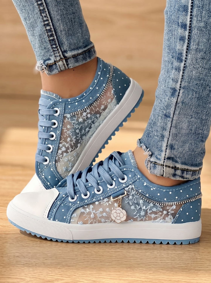 Damen Orthopädische Sneaker mit Spitzenbesatz Blumendetail Schnürschuh - Hellblau