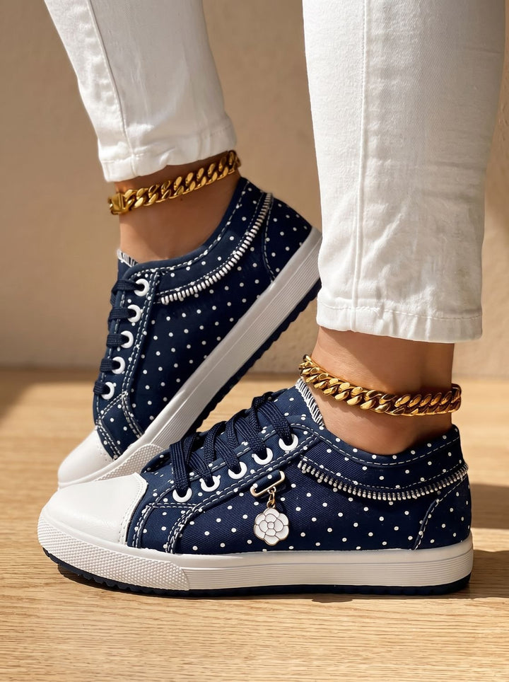 Damen Orthopädische Sneaker mit Spitzenbesatz Blumendetail Schnürschuh - Dunkelblau