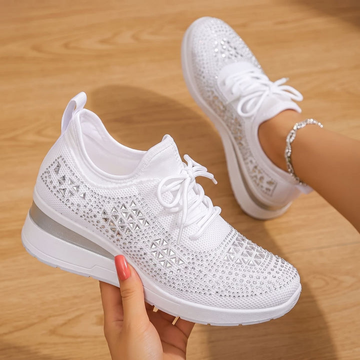 Damen Orthopädische Sneakers mit Strass Atmungsaktiv Schnürschuh - Weiß