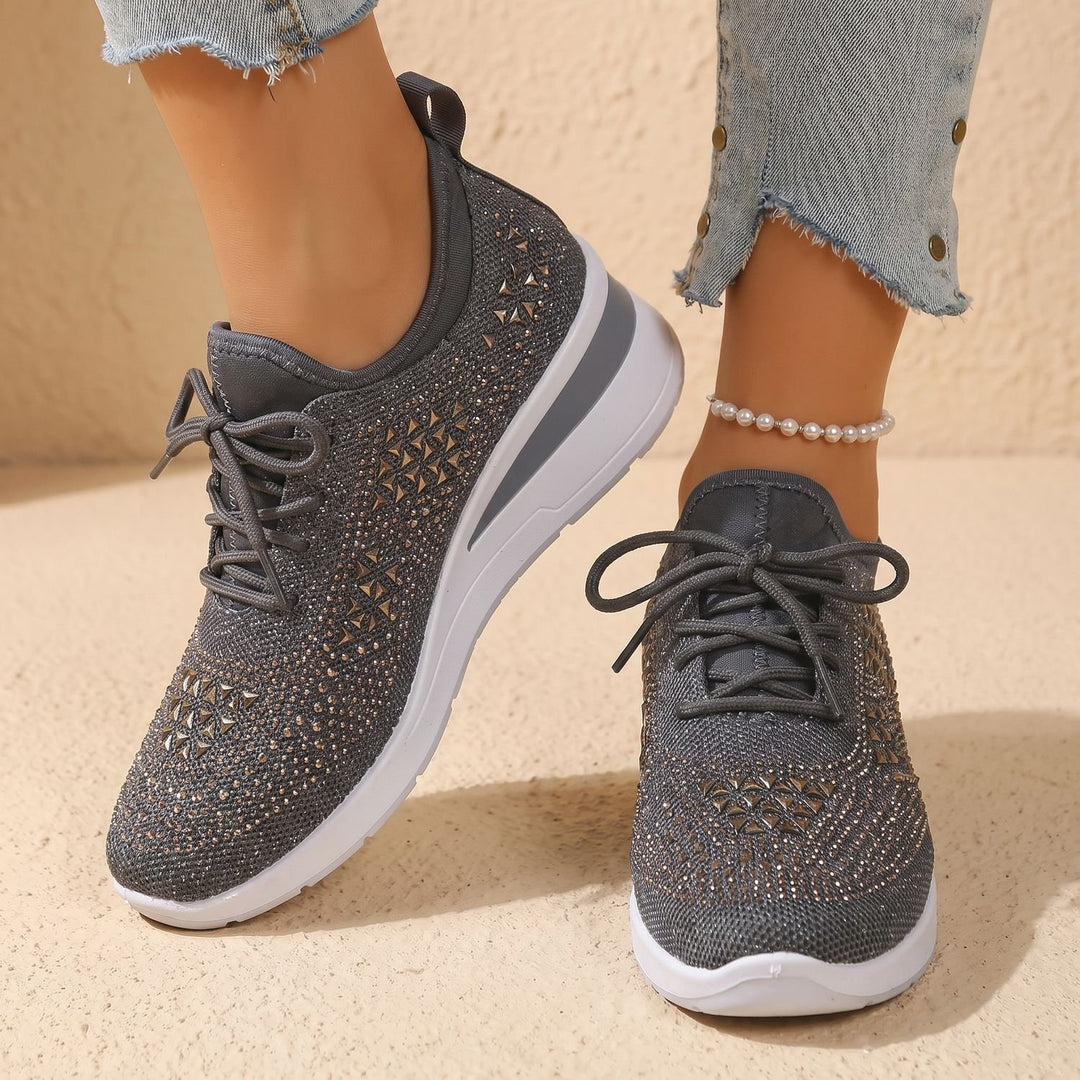 Damen Orthopädische Sneakers mit Strass Atmungsaktiv Schnürschuh - Grau