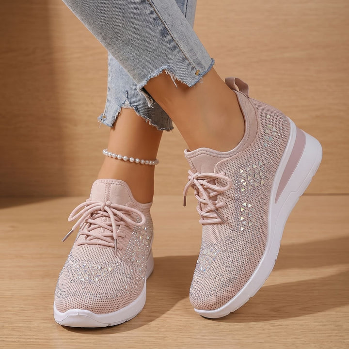 Damen Orthopädische Sneakers mit Strass Atmungsaktiv Schnürschuh - Hellrosa
