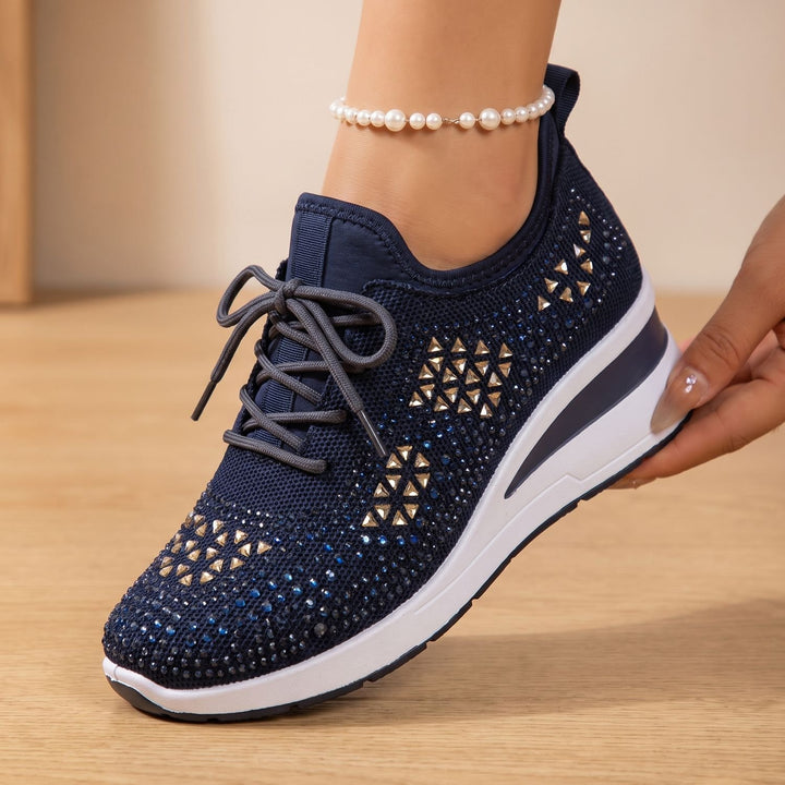Damen Orthopädische Sneakers mit Strass Atmungsaktiv Schnürschuh - Marineblau