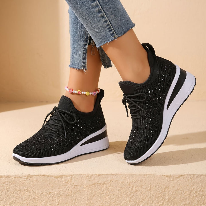 Damen Orthopädische Sneakers mit Strass Atmungsaktiv Schnürschuh - Schwarz