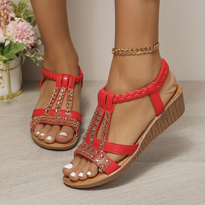 Damen Orthopädische T-Spangen Keilabsatz Sandalen mit Strass - Red