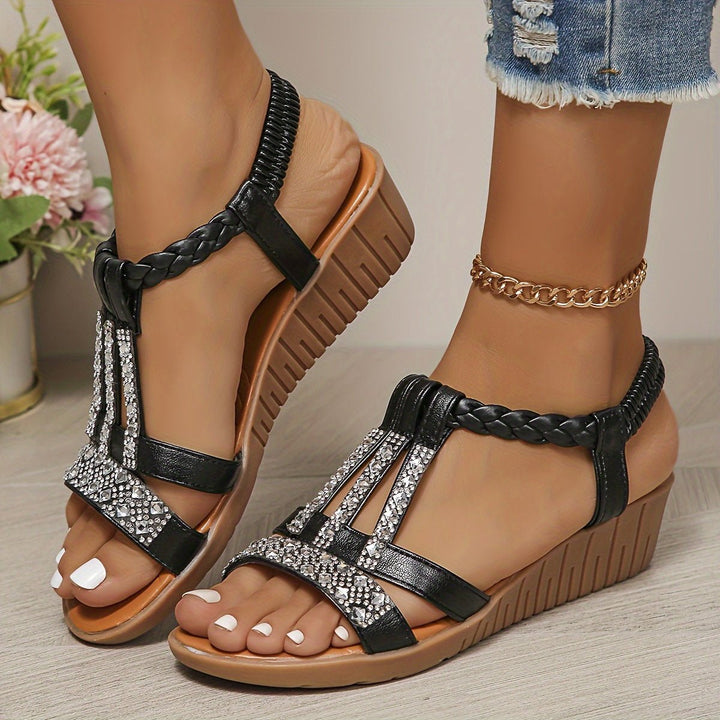 Damen Orthopädische T-Spangen Keilabsatz Sandalen mit Strass - Black