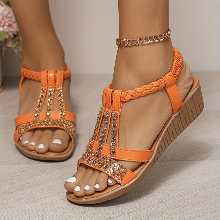 Damen Orthopädische T-Spangen Keilabsatz Sandalen mit Strass - Orange