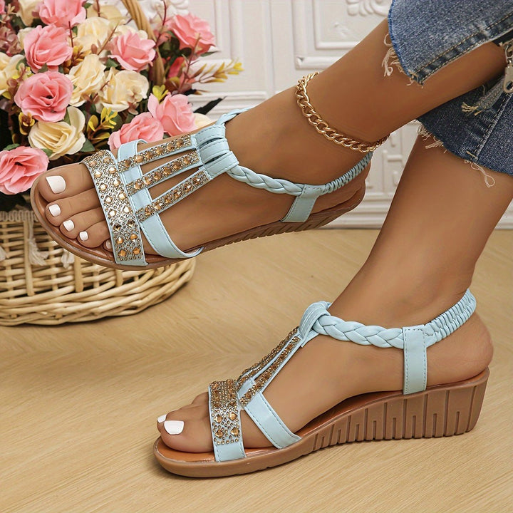 Damen Orthopädische T-Spangen Keilabsatz Sandalen mit Strass - Light Blue