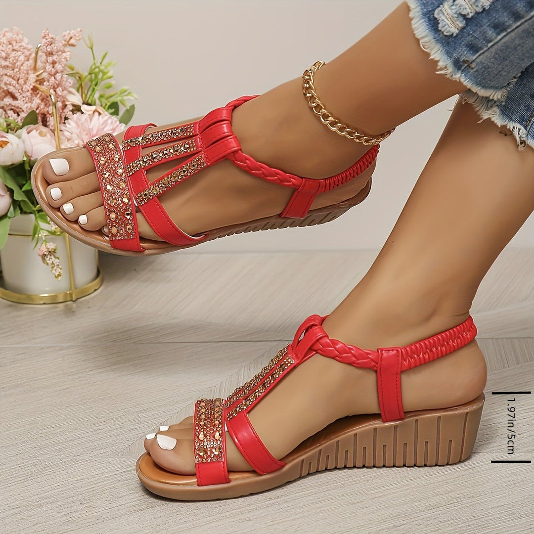 Frieda Orthopedic T-Strap Wedge Sandals with Rhinestone Details