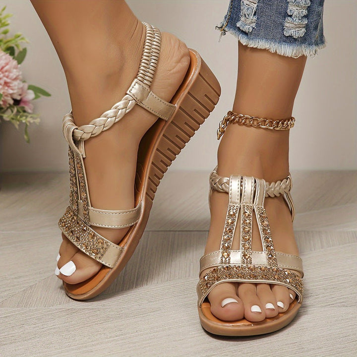 Damen Orthopädische T-Spangen Keilabsatz Sandalen mit Strass - Rose Gold