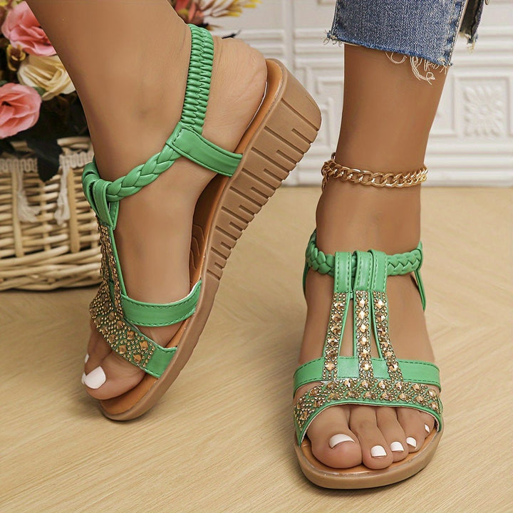 Damen Orthopädische T-Spangen Keilabsatz Sandalen mit Strass