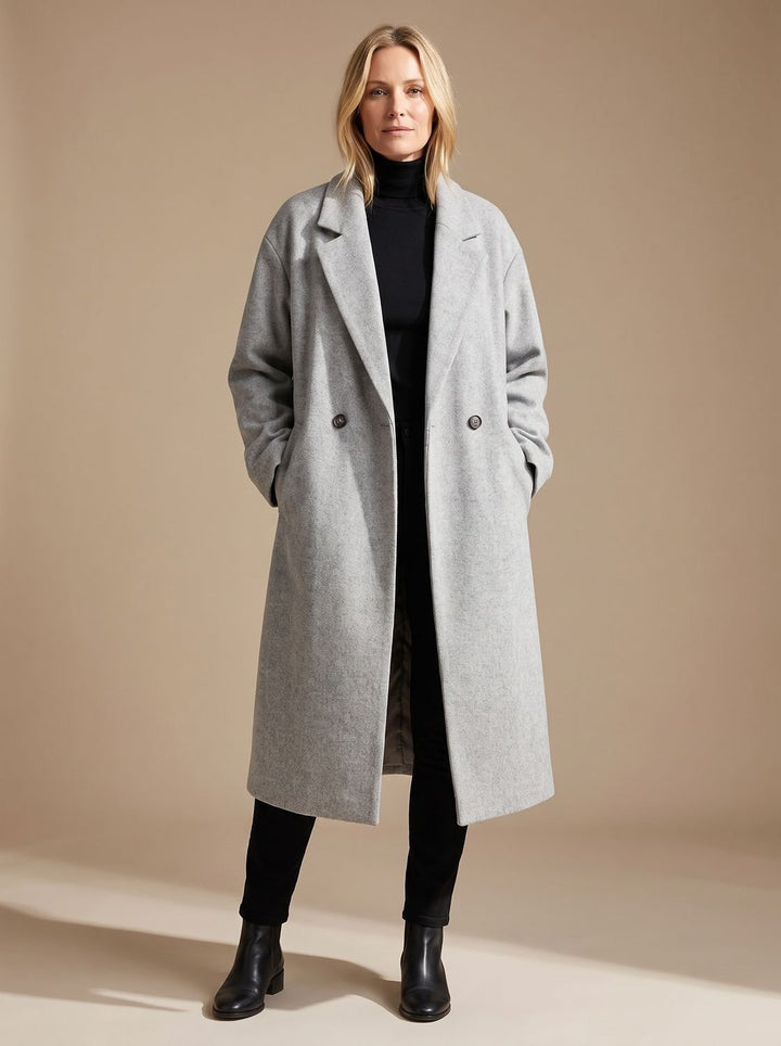 Damen Overcoat klassischer langer Wollmantel mit Revers - Grau
