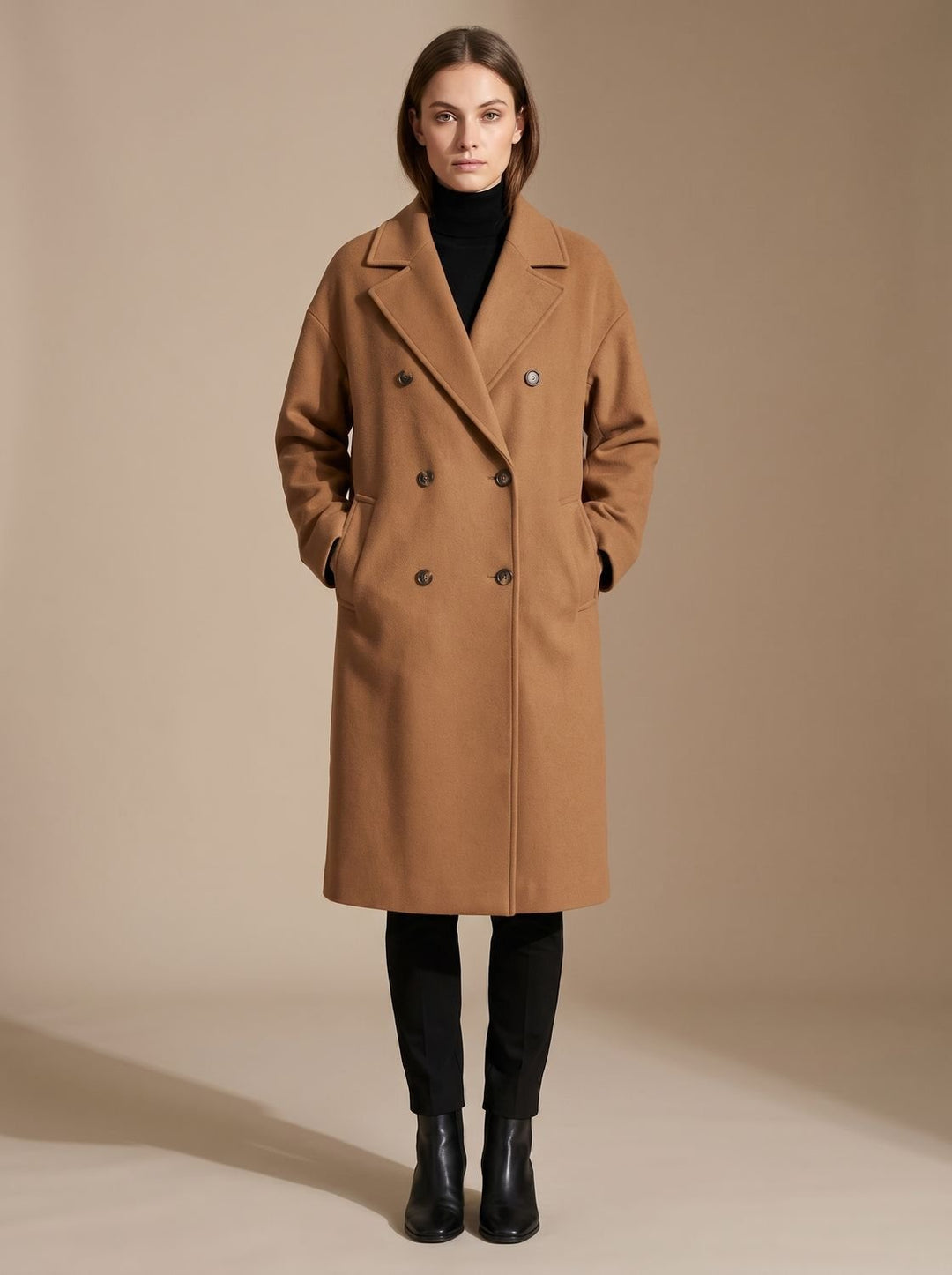 Damen Overcoat klassischer langer Wollmantel mit Revers - Braun