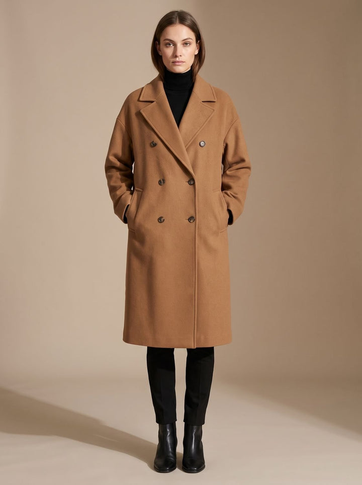 Damen Overcoat klassischer langer Wollmantel mit Revers - Braun
