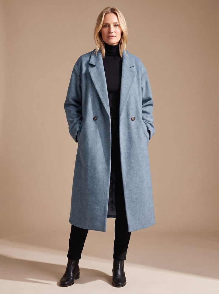 Damen Overcoat klassischer langer Wollmantel mit Revers - Blau