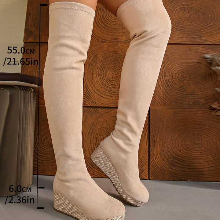 Damen Overknee Stiefel mit Keilabsatz elastischem Stretch-Schaft - Beige