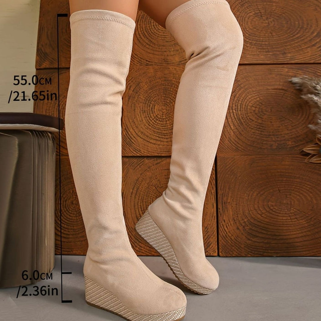 Damen Overknee Stiefel mit Keilabsatz elastischem Stretch-Schaft