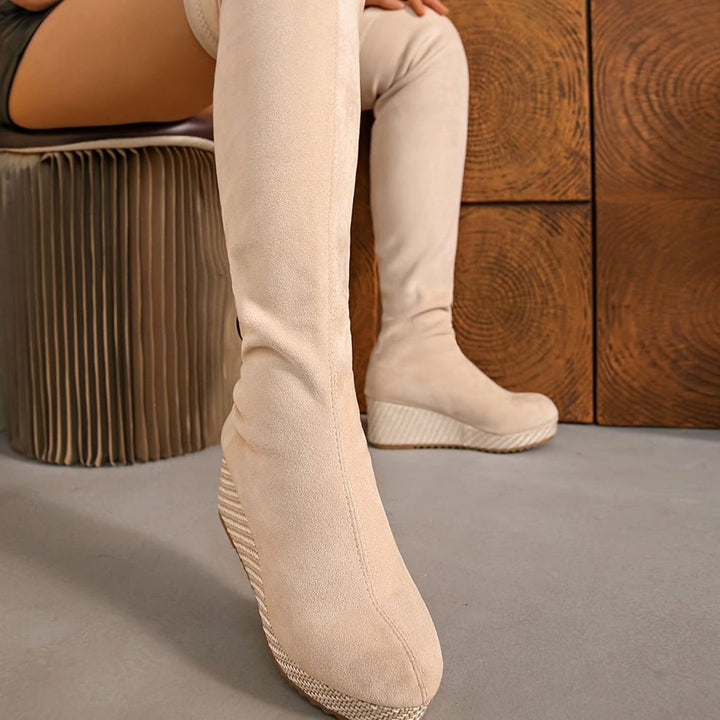 Damen Overknee Stiefel mit Keilabsatz elastischem Stretch-Schaft