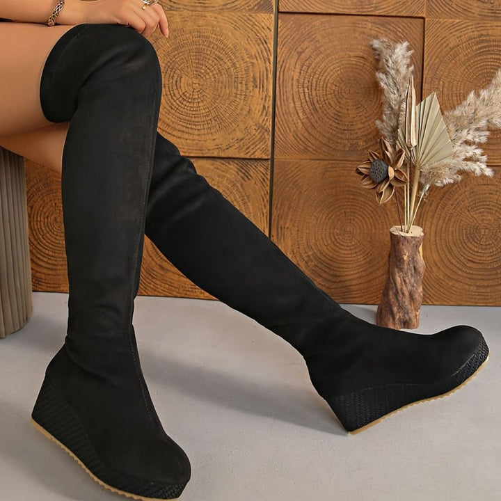 Damen Overknee Stiefel mit Keilabsatz elastischem Stretch-Schaft