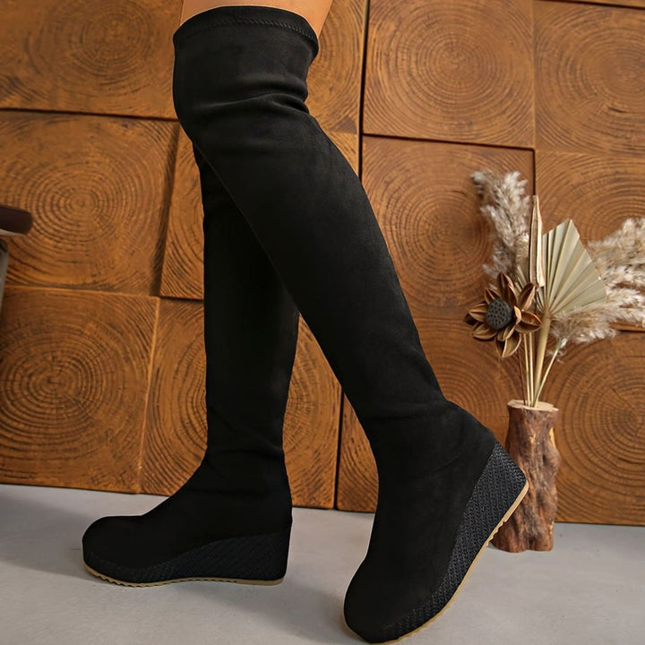 Damen Overknee Stiefel mit Keilabsatz elastischem Stretch-Schaft