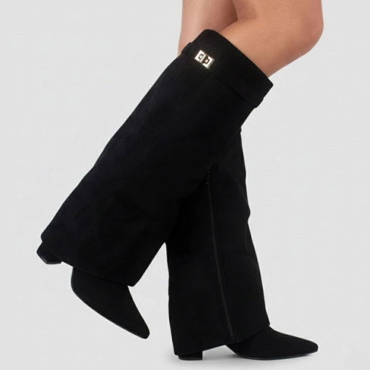 Damen Overknee Stiefel Mit Schnalle Spitzer Blockabsatz Wildleder - Schwarzes Wildleder