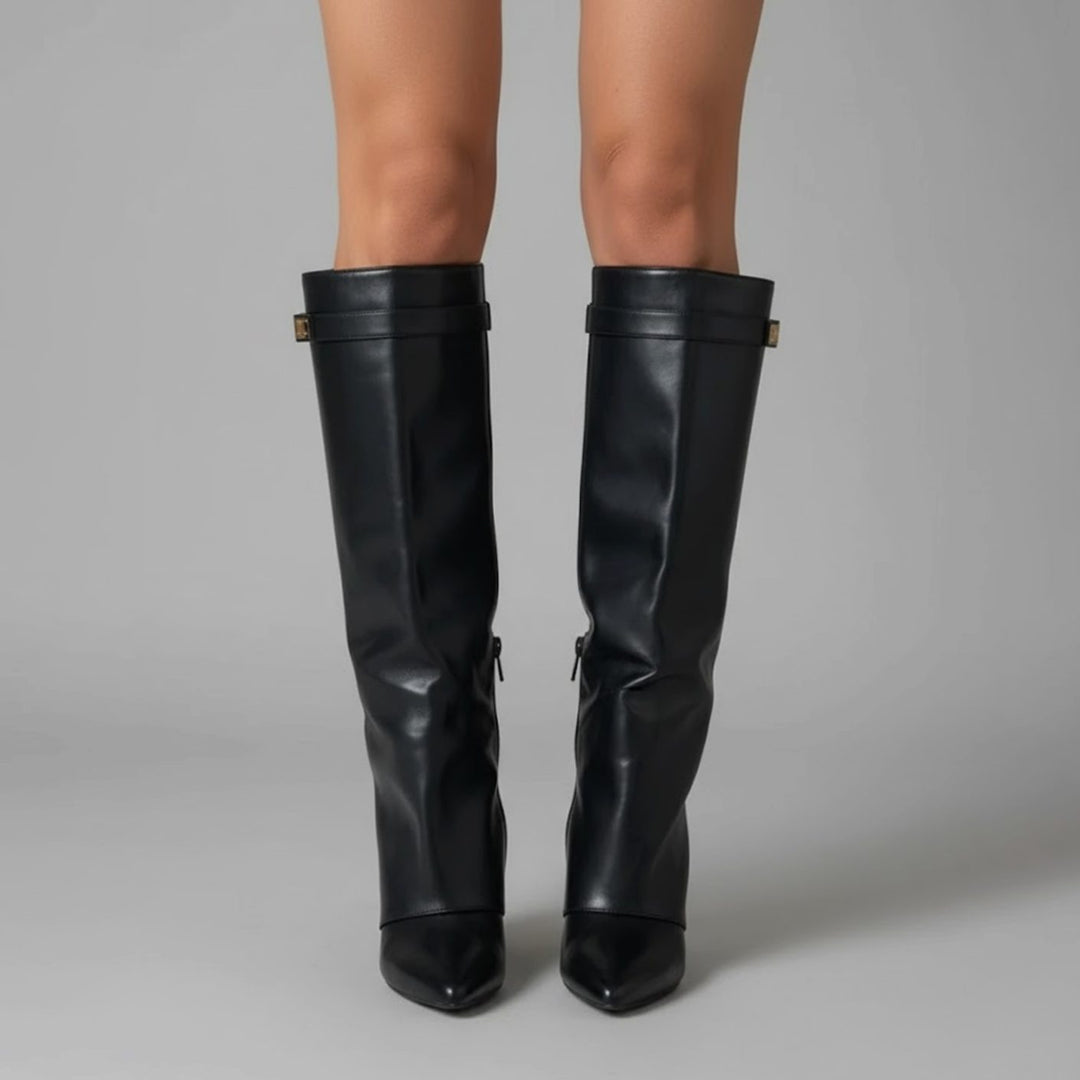 Damen Overknee Stiefel Mit Schnalle Spitzer Blockabsatz Wildleder