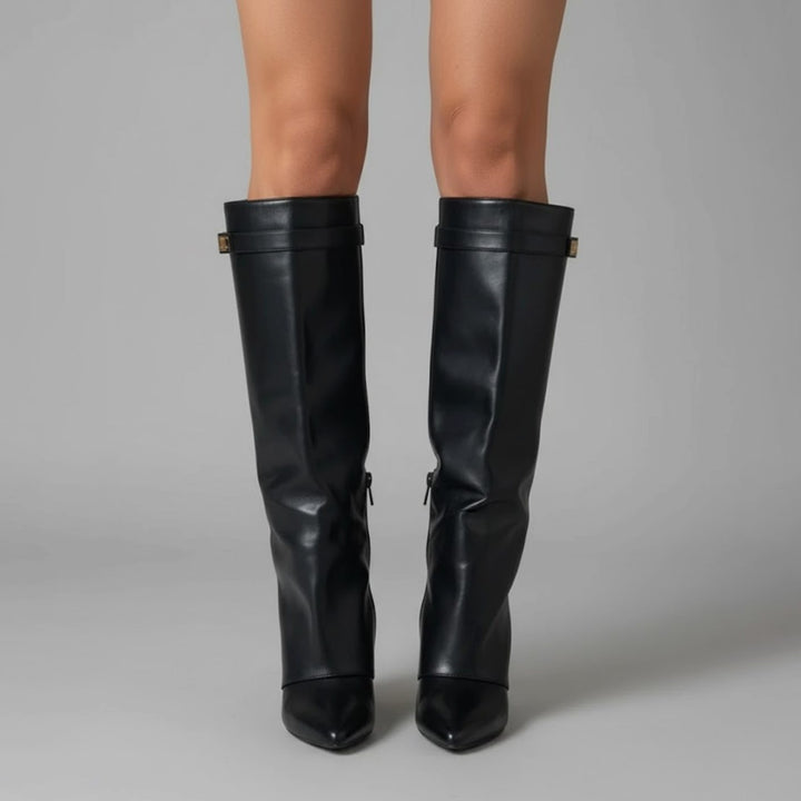Damen Overknee Stiefel Mit Schnalle Spitzer Blockabsatz Wildleder