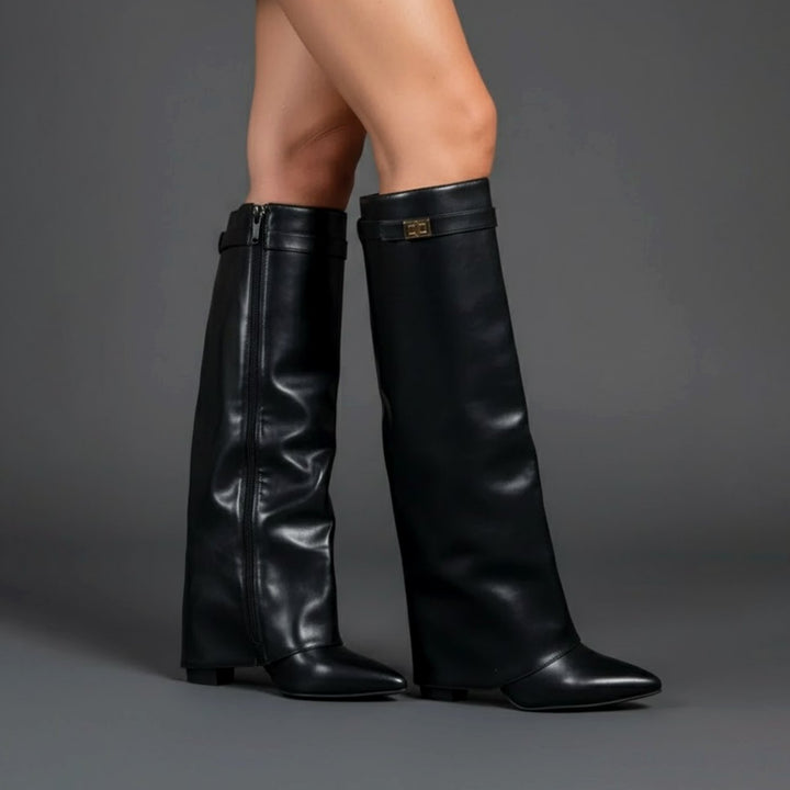 Damen Overknee Stiefel Mit Schnalle Spitzer Blockabsatz Wildleder - Schwarz