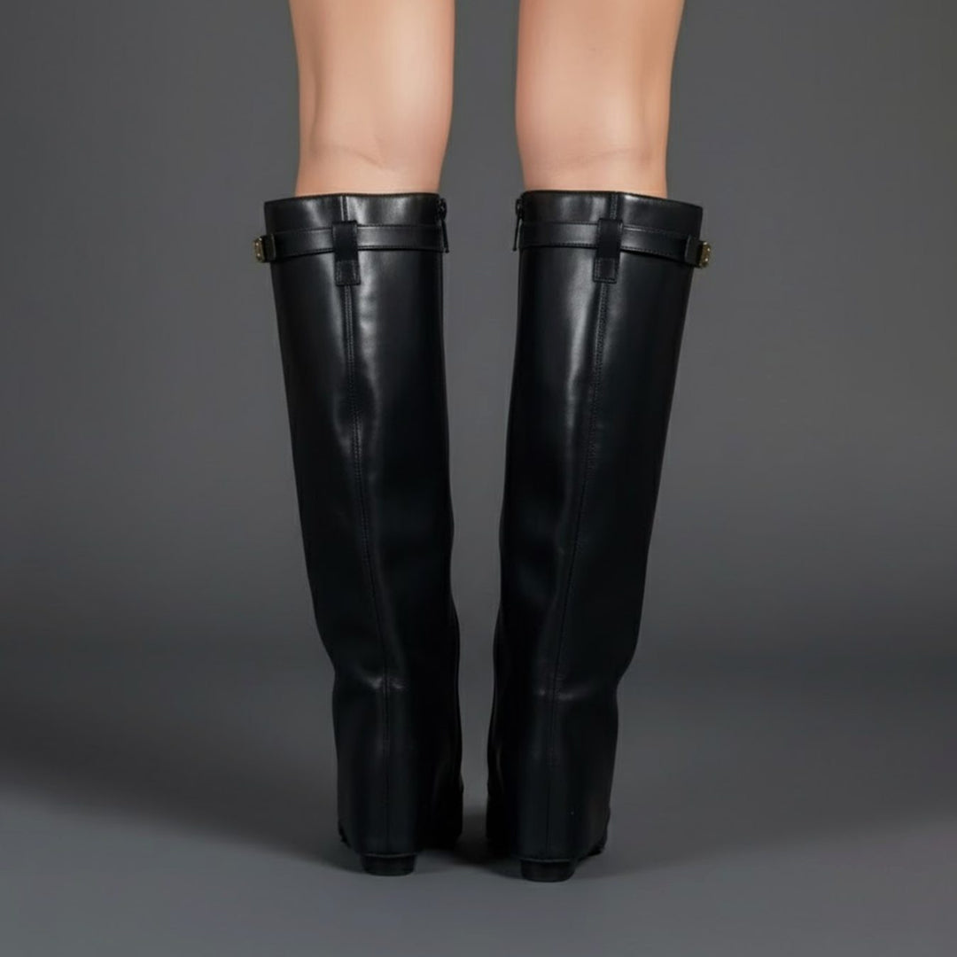 Damen Overknee Stiefel Mit Schnalle Spitzer Blockabsatz Wildleder