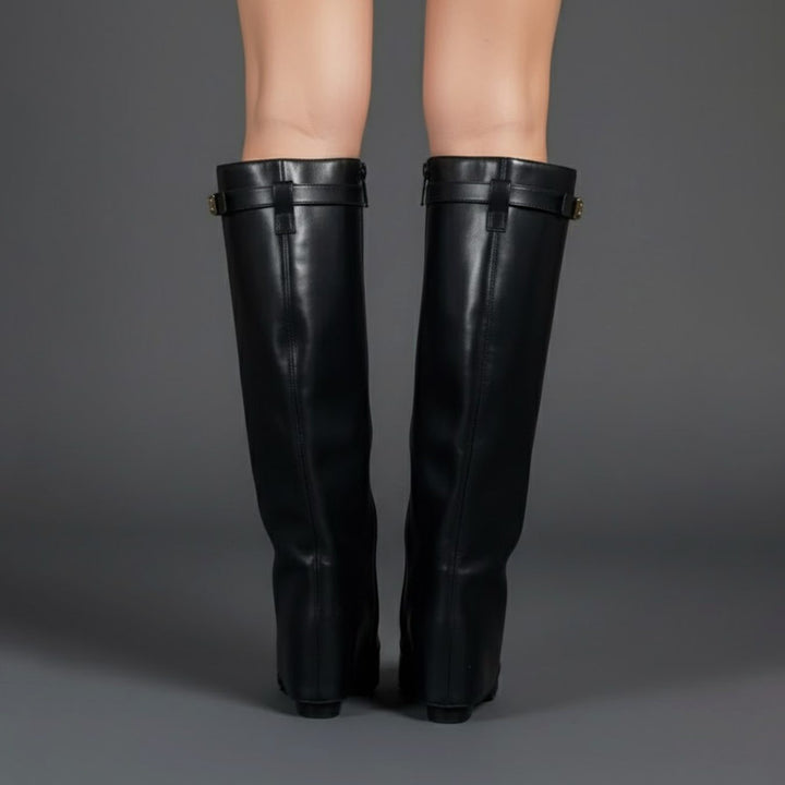 Damen Overknee Stiefel Mit Schnalle Spitzer Blockabsatz Wildleder