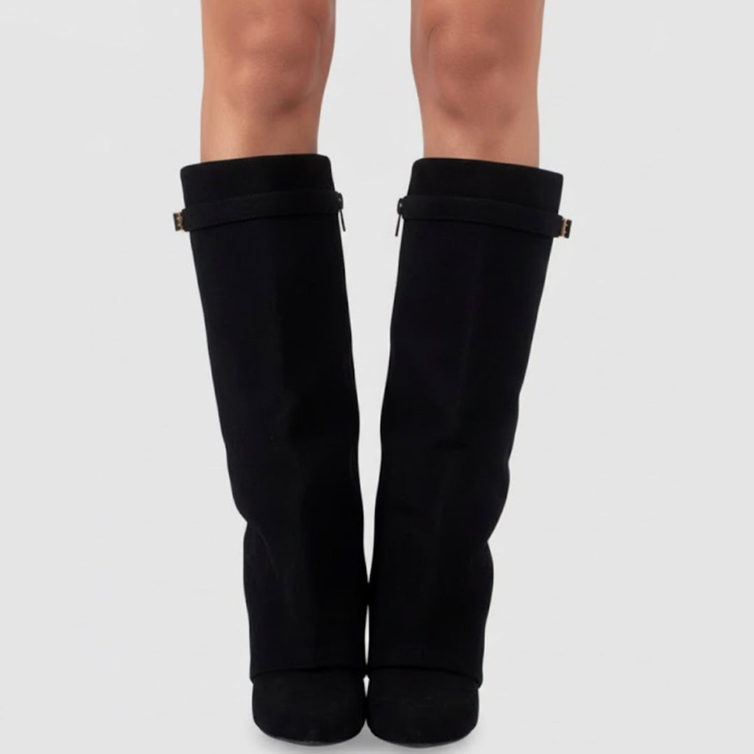 Damen Overknee Stiefel Mit Schnalle Spitzer Blockabsatz Wildleder