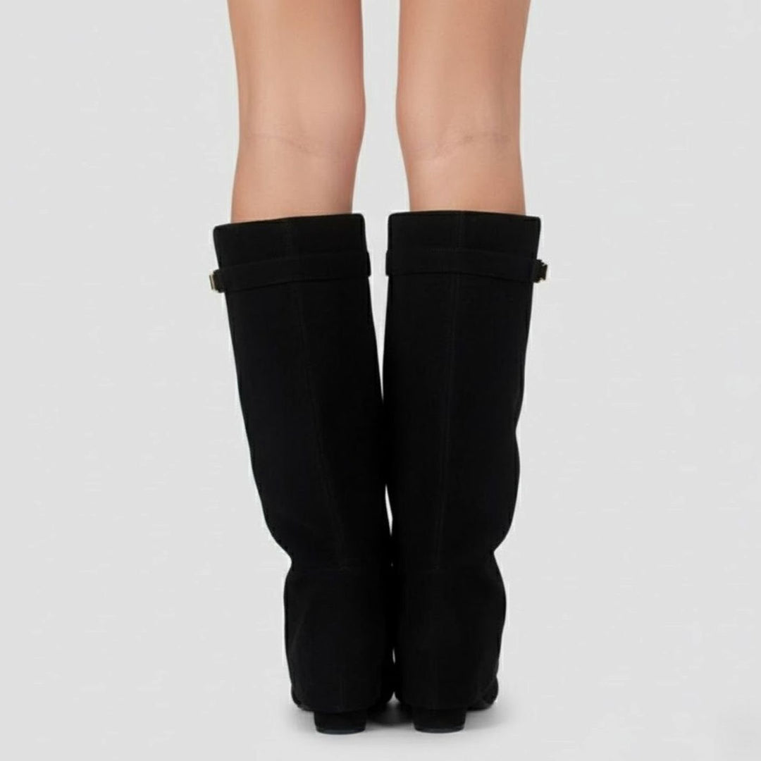 Damen Overknee Stiefel Mit Schnalle Spitzer Blockabsatz Wildleder