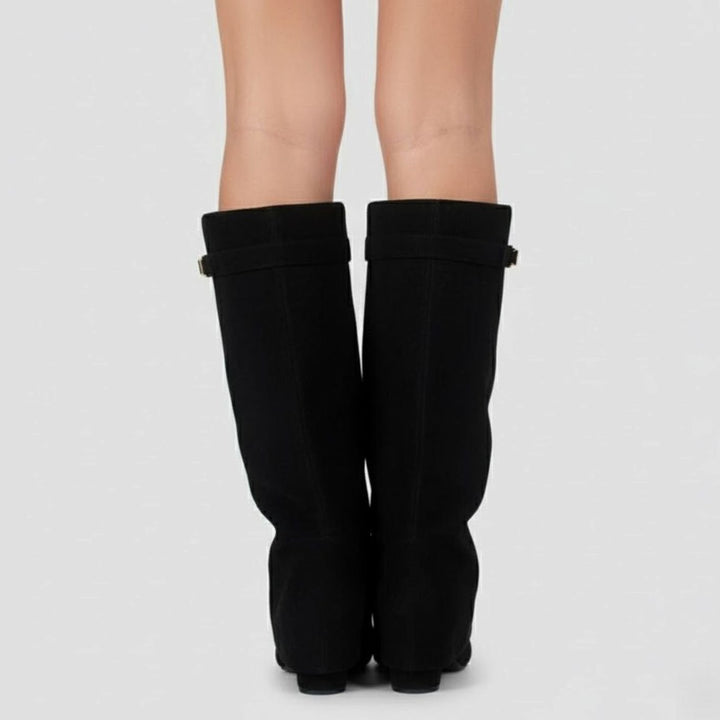 Damen Overknee Stiefel Mit Schnalle Spitzer Blockabsatz Wildleder