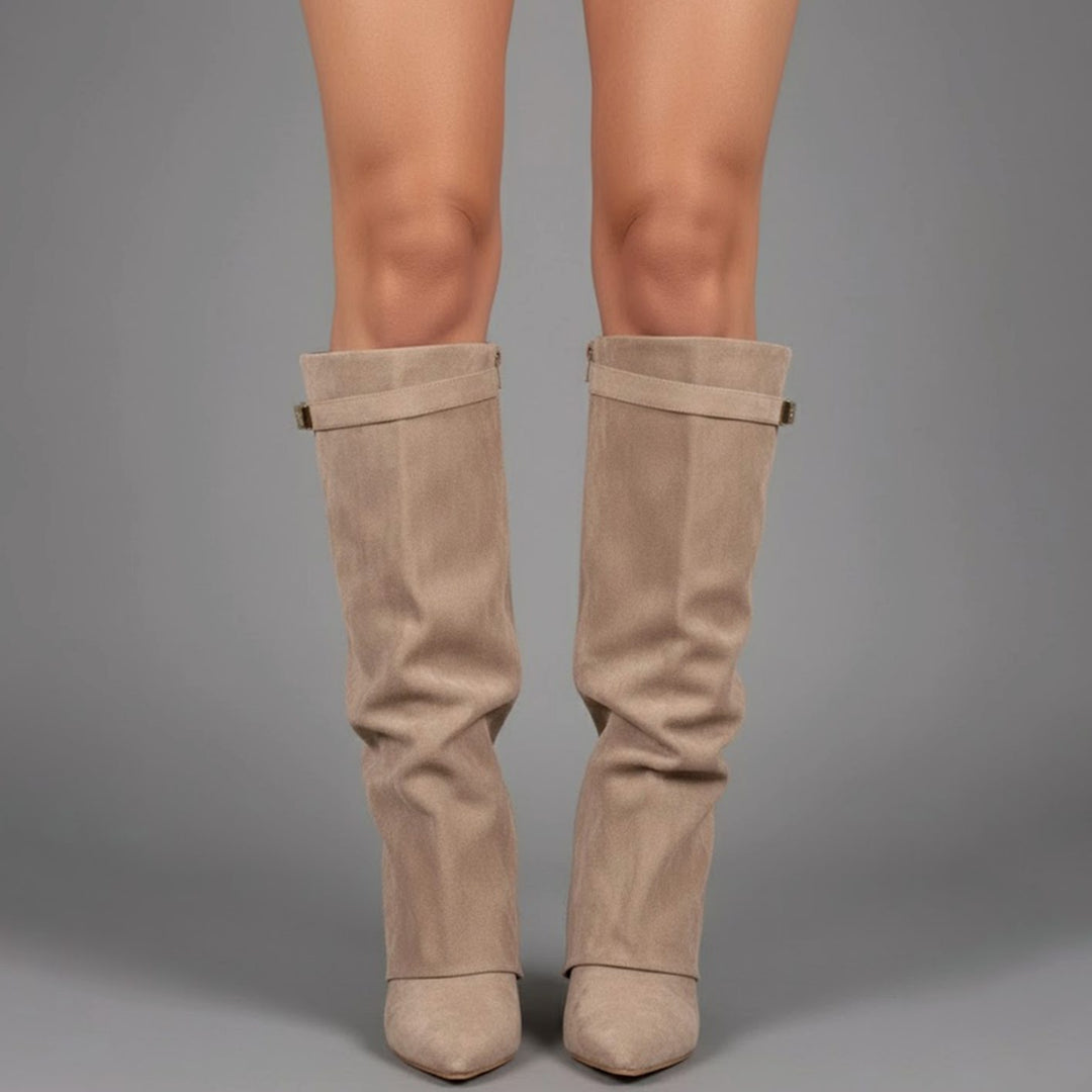 Damen Overknee Stiefel Mit Schnalle Spitzer Blockabsatz Wildleder - Beiges Wildleder