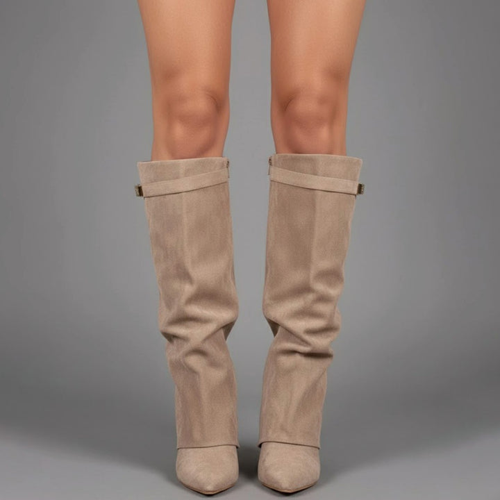 Damen Overknee Stiefel Mit Schnalle Spitzer Blockabsatz Wildleder - Beiges Wildleder
