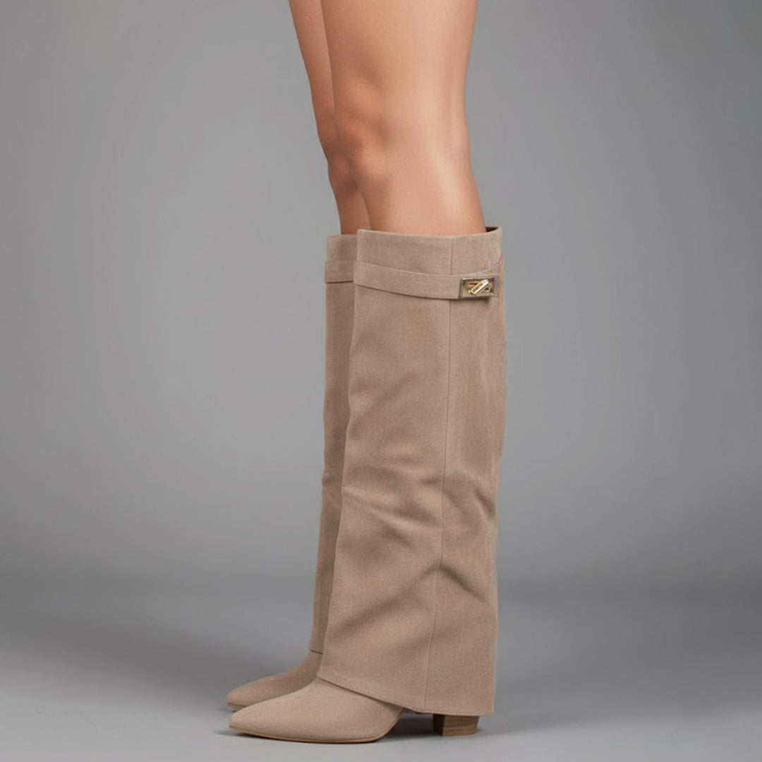 Damen Overknee Stiefel Mit Schnalle Spitzer Blockabsatz Wildleder