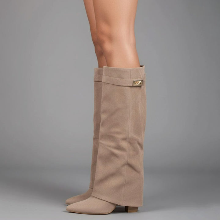 Damen Overknee Stiefel Mit Schnalle Spitzer Blockabsatz Wildleder