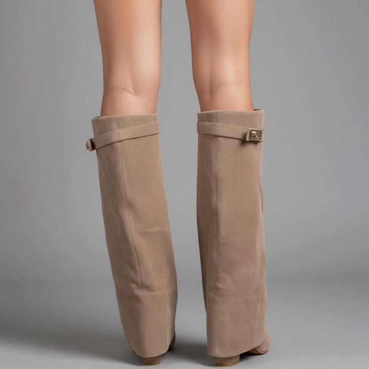 Damen Overknee Stiefel Mit Schnalle Spitzer Blockabsatz Wildleder
