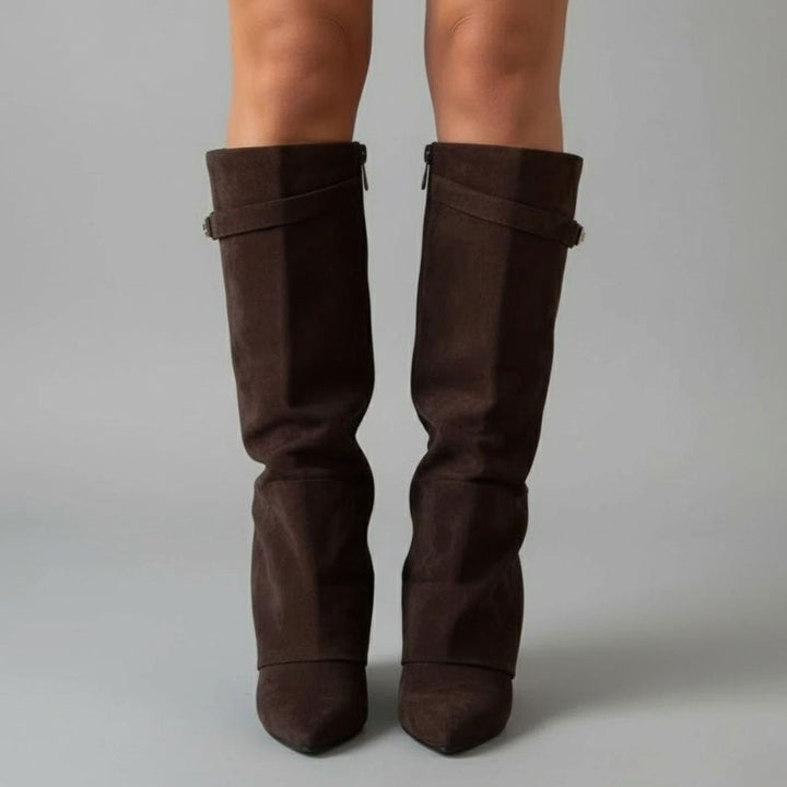 Damen Overknee Stiefel Mit Schnalle Spitzer Blockabsatz Wildleder