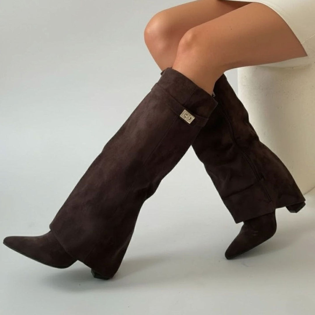 Damen Overknee Stiefel Mit Schnalle Spitzer Blockabsatz Wildleder - Braunes Wildleder