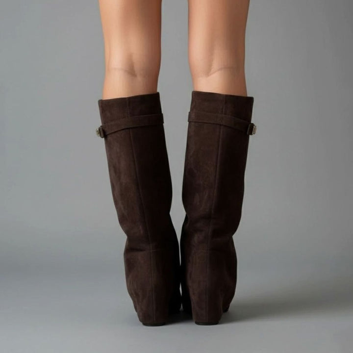 Damen Overknee Stiefel Mit Schnalle Spitzer Blockabsatz Wildleder