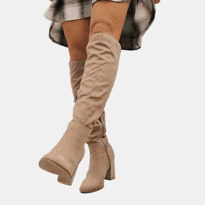 Damen Overknee-Stiefeletten mit Blockabsatz und Reißverschluss - Beige