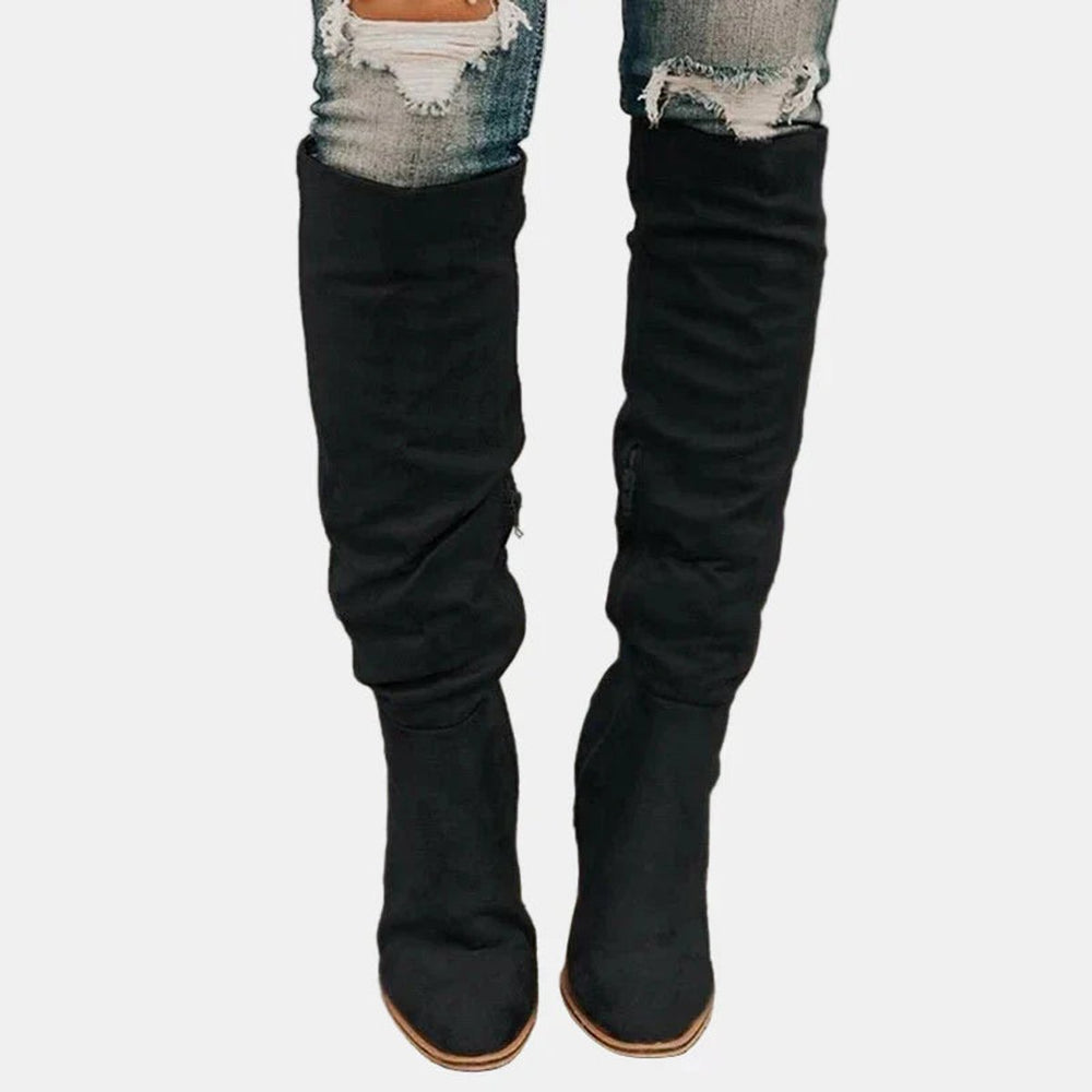 Damen Overknee-Stiefeletten mit Blockabsatz und Reißverschluss - Schwarz