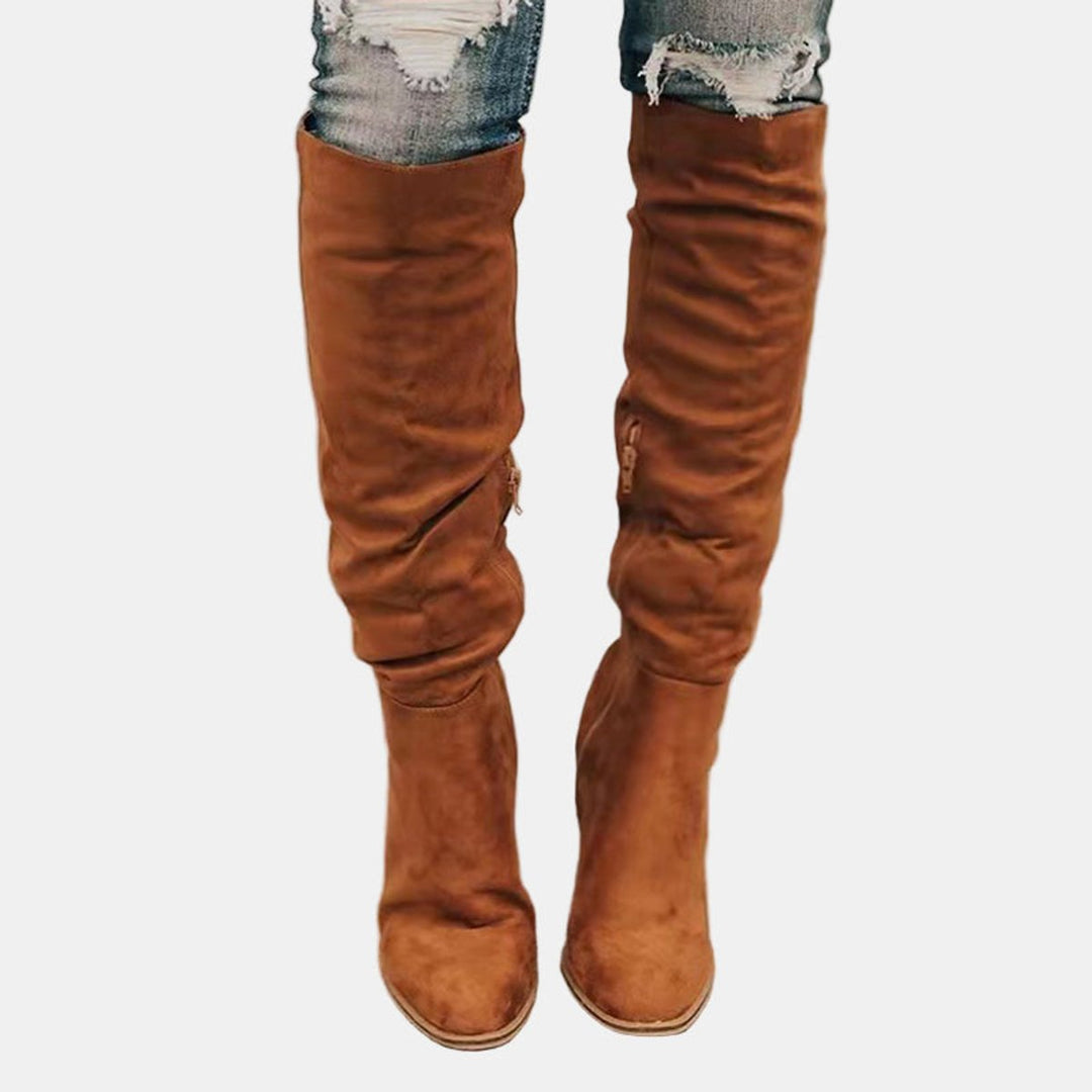Damen Overknee-Stiefeletten mit Blockabsatz und Reißverschluss - Braun